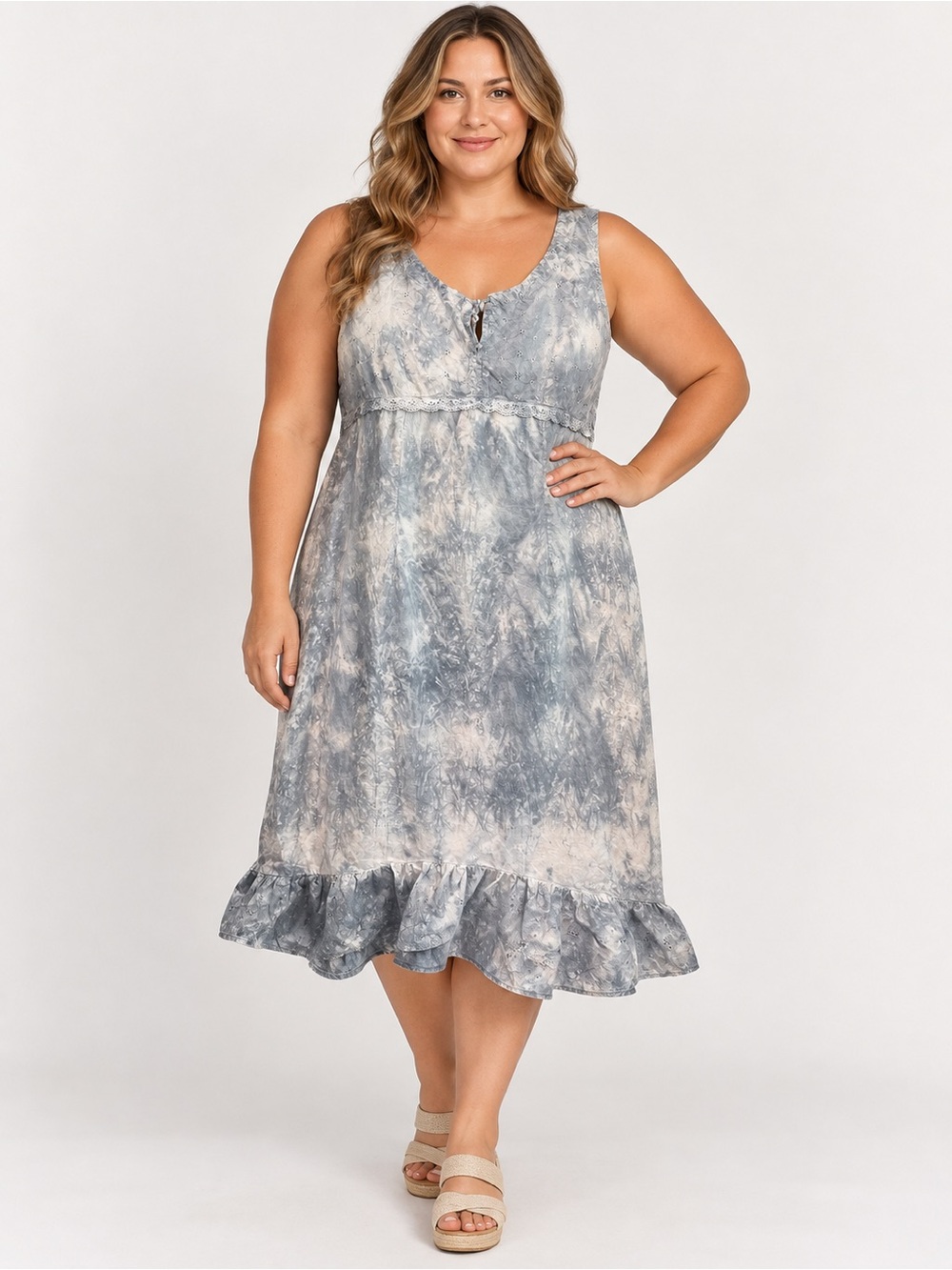 Grey Blue Tie-Dye Sleeveless Midi Dress Ruffle Hem Boho